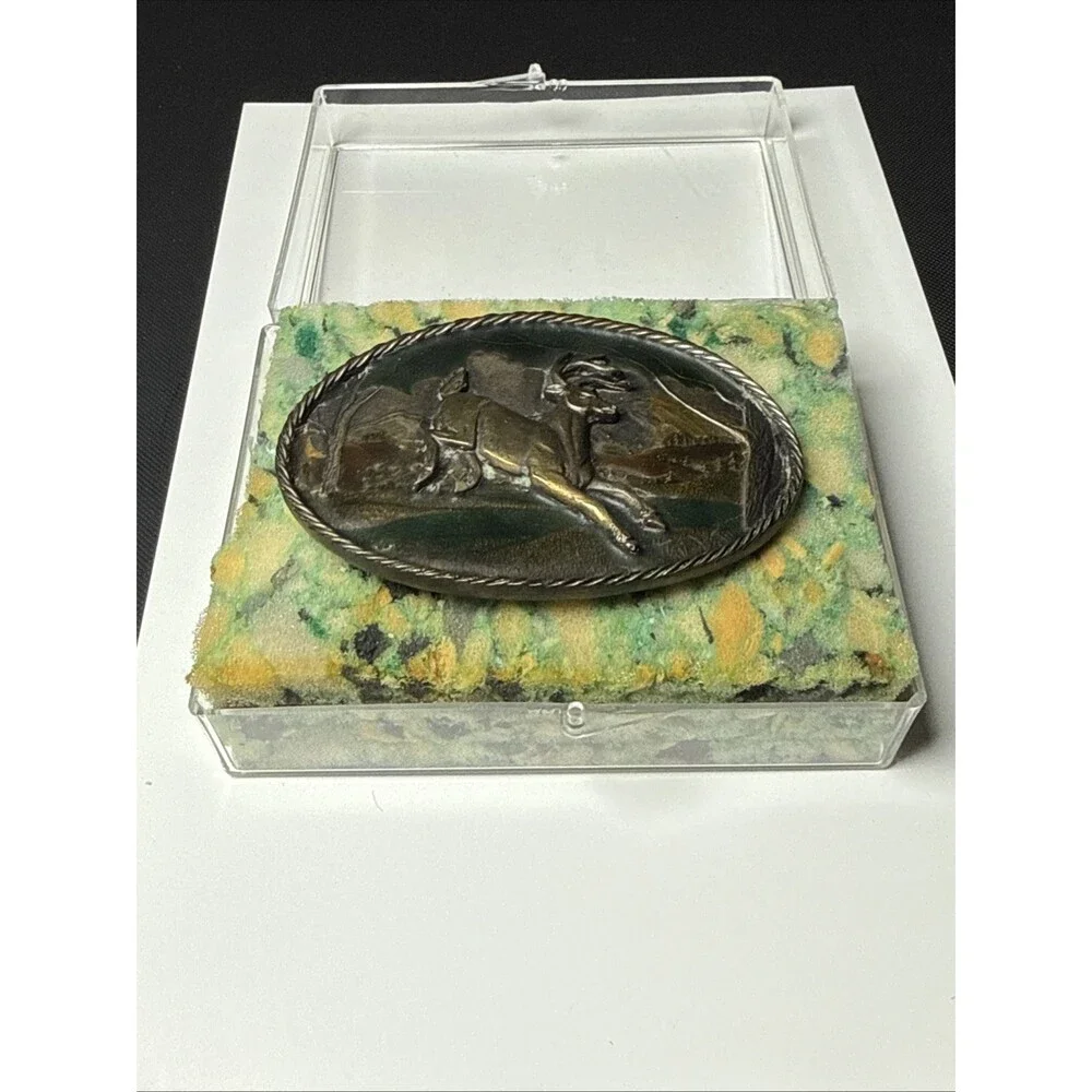 The Great American Buckle Co Vintage Enamel Leaping Buck Deer Belt Buckle 1980